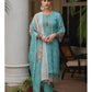 Sky Blue embroidered work cotton kurti linen dupatta set