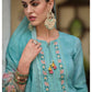 Sky Blue embroidered work cotton kurti linen dupatta set