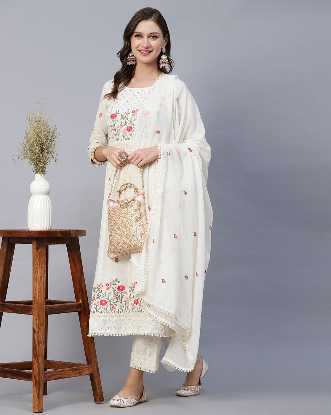 Women's Beautiful  Rayon White Colour embroidered kurti set