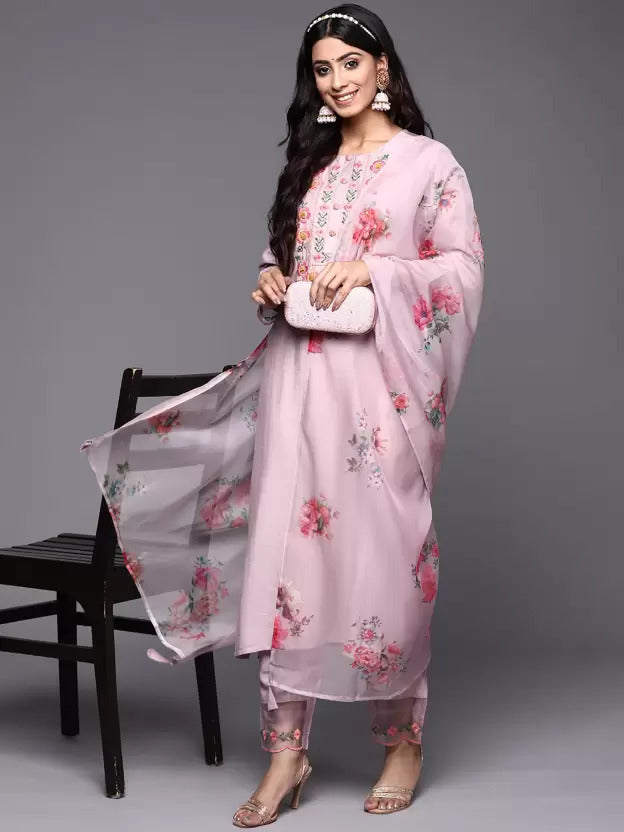 Viscose Rayon Slub Pink Embroidery Kurta Set With Printed Dupatta Set