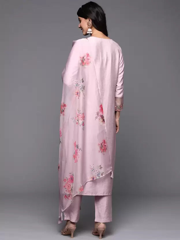 Viscose Rayon Slub Pink Embroidery Kurta Set With Printed Dupatta Set