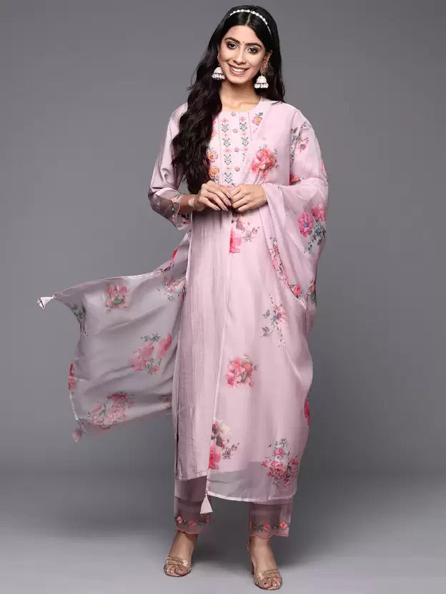 Viscose Rayon Slub Pink Embroidery Kurta Set With Printed Dupatta Set