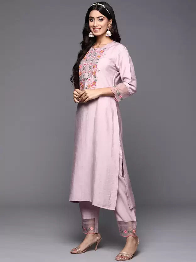 Viscose Rayon Slub Pink Embroidery Kurta Set With Printed Dupatta Set