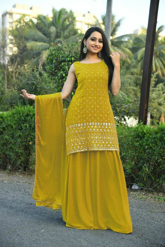 Beautiful Faux Georgette Yellow Top With Plazo and Dupatta