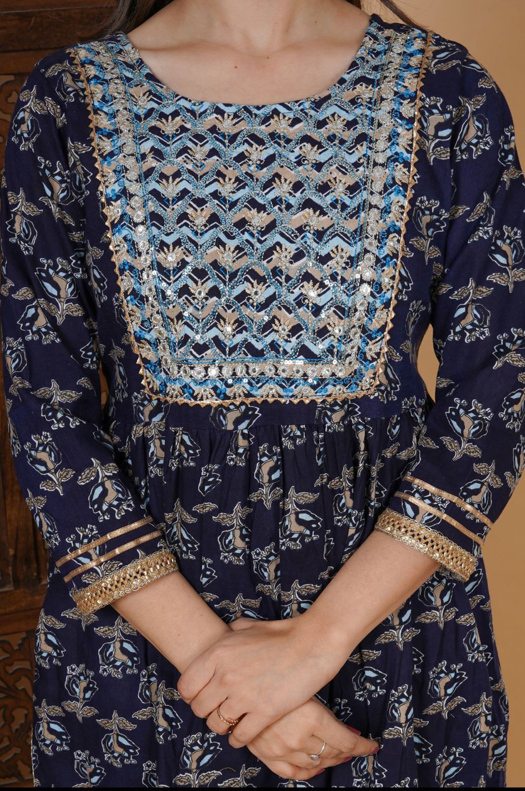 Blue Rayon Nayra Cut  Heavy Gota  Lace Work Kurti