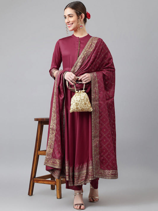 Wine Foil Print Anrkali Gown Pent Dupatta Set