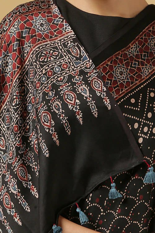 Black Ajarakh Digital Print Muslin Fabric Saree With Rich Glaze .