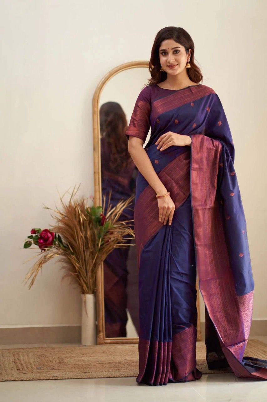 Nevy Blue Coper Weaving Lichi Silk Banarasi Saree