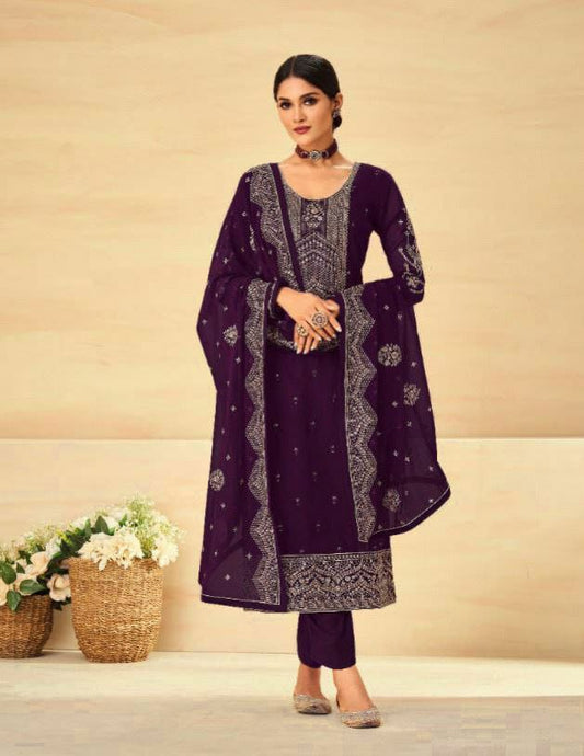 Faux Georgette Purple Top with Plazo And Dupatta