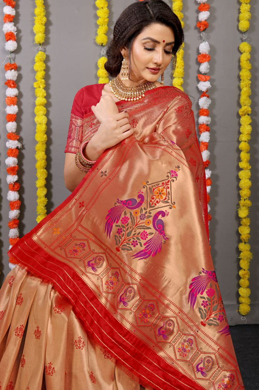 Beautiful Orange Paithani Pure silk handloom saree with Pure Jari