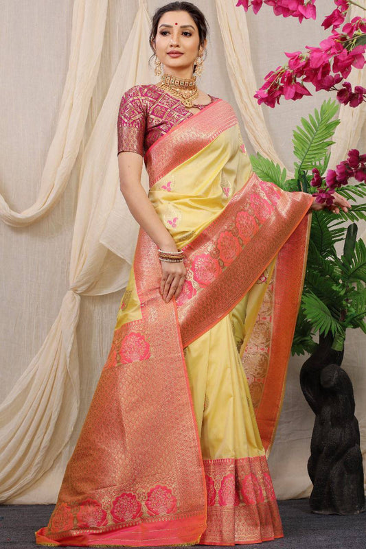Yellow Pure Silk With gold Jari and Meena work Kanchipuram Saree