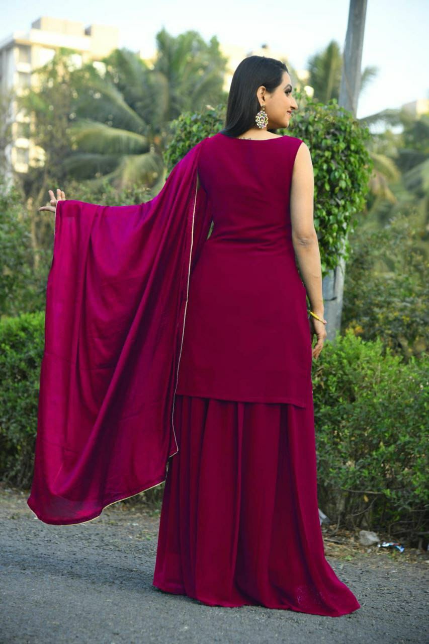 Beautiful Faux Georgette Red Top With Plazo and Dupatta