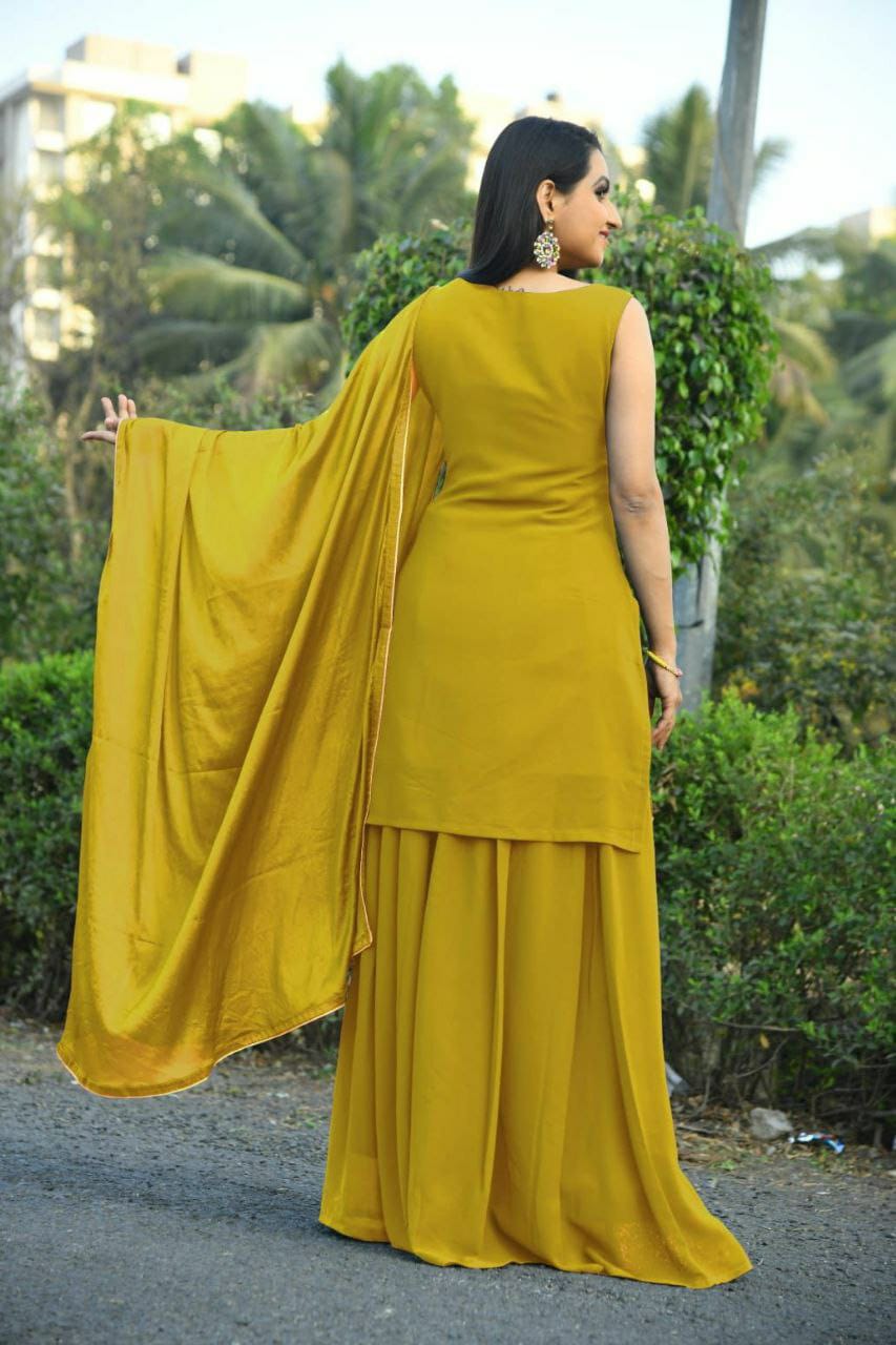 Beautiful Faux Georgette Yellow Top With Plazo and Dupatta