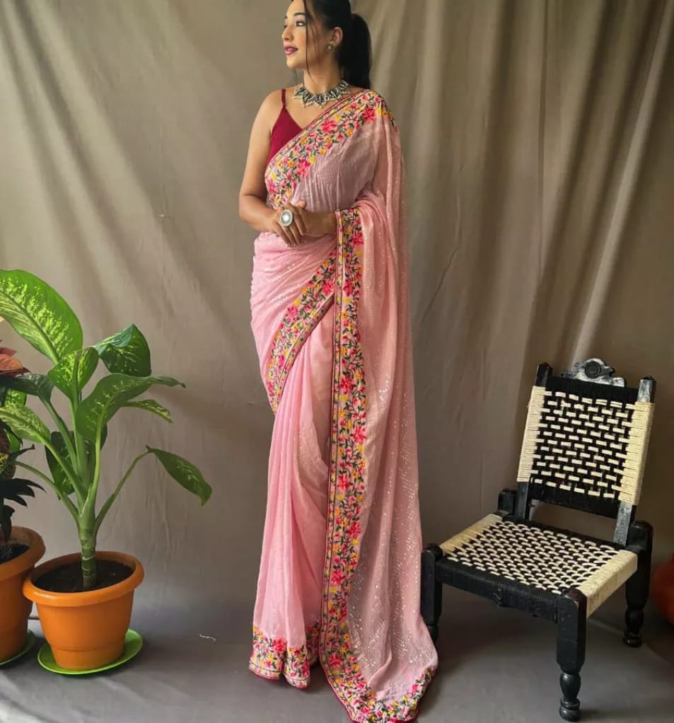 Peach Pure Gorgate Saree With Sequence Work