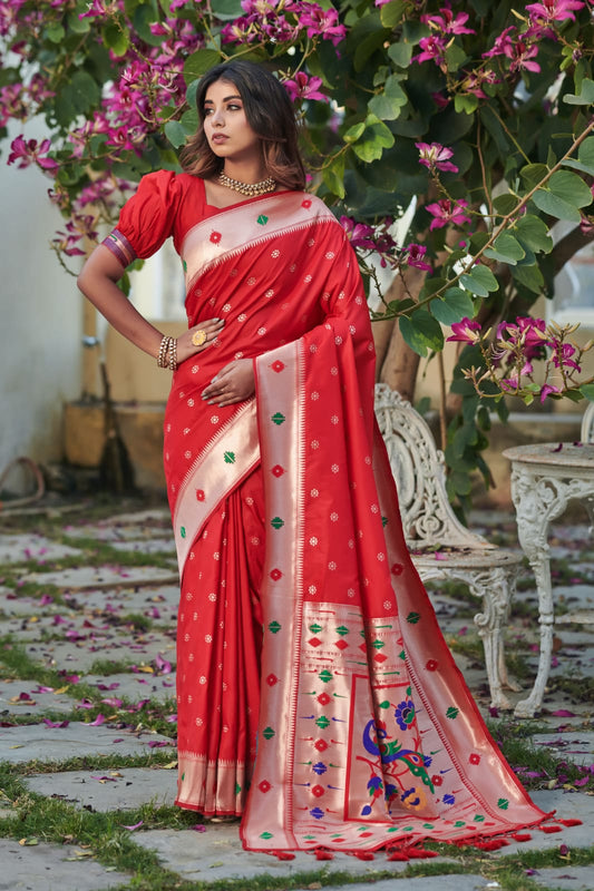 Red Banarasi Soft Silk Paithani Saree With Zari Border