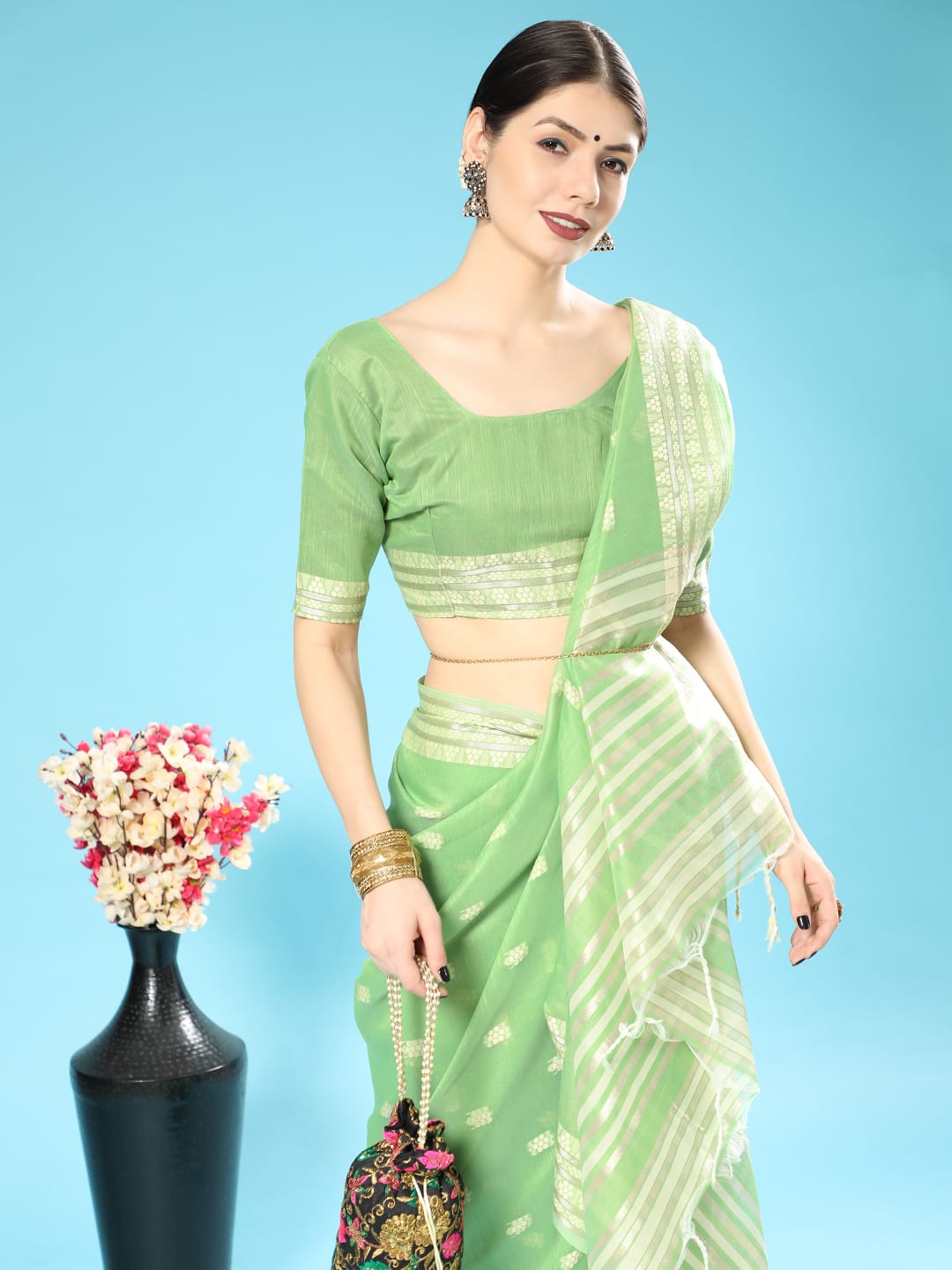Green Chanderi Chikankari Weaving Saree With Classy Zari