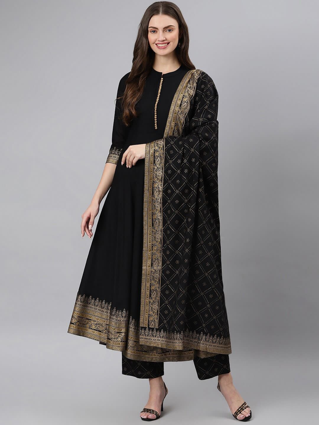 Black Foil Print Anrkali Gown Pent Dupatta Set
