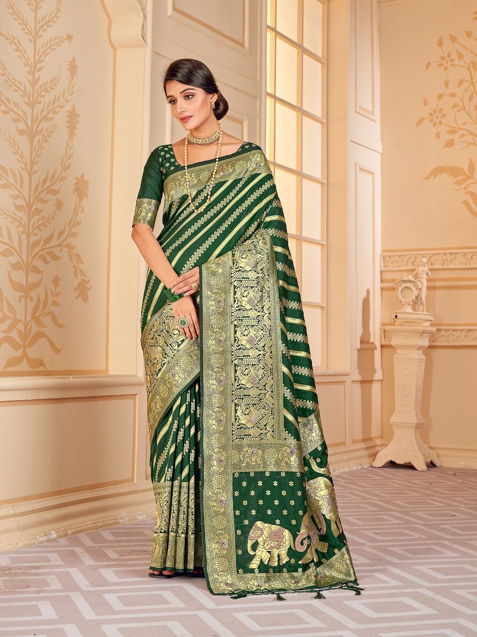 Bottle Green Silk Saree With Zari Weaving Work.