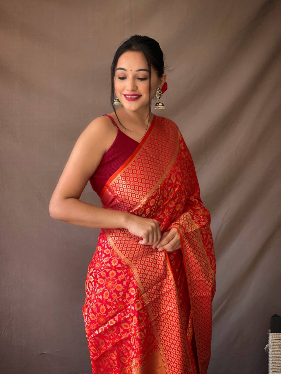 Red Pure Patola Silk Saree With Contrast Meenakari