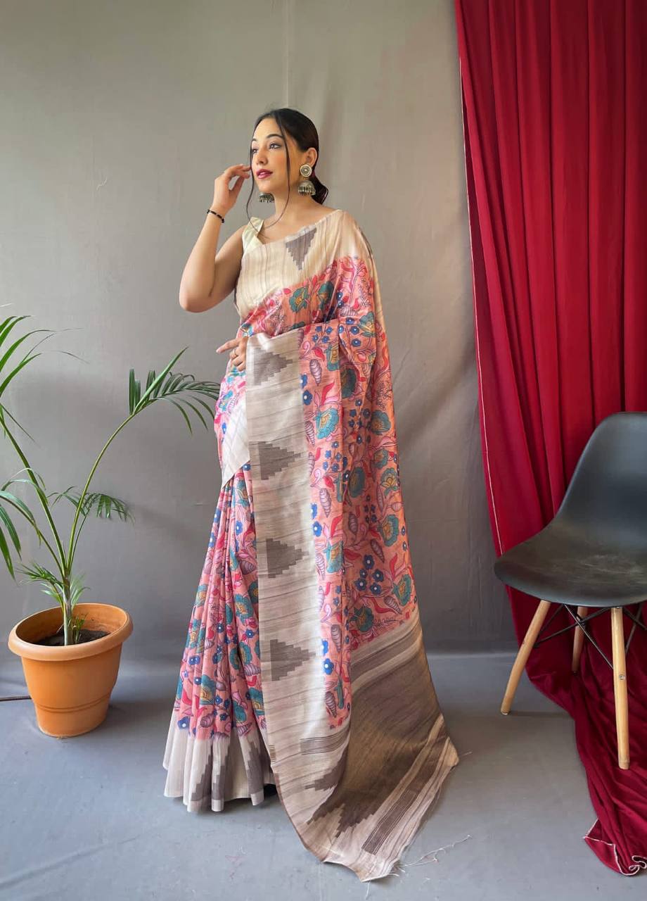 Pink Tusser Sarees With Kalamkari Prints All Over With Woven Temple Border