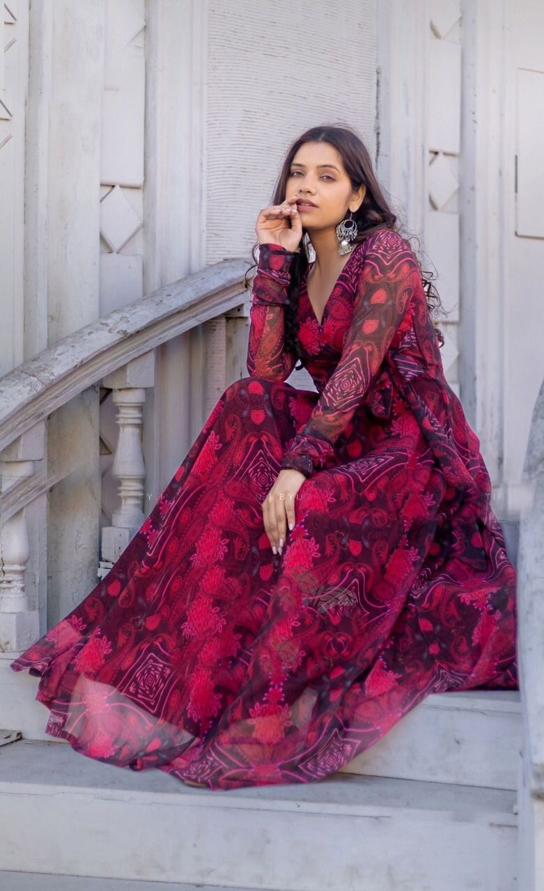 Red Georgette Gown With Floral Print