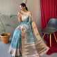 Sky Blue Tusser Sarees With Kalamkari Prints All Over With Woven Temple Border