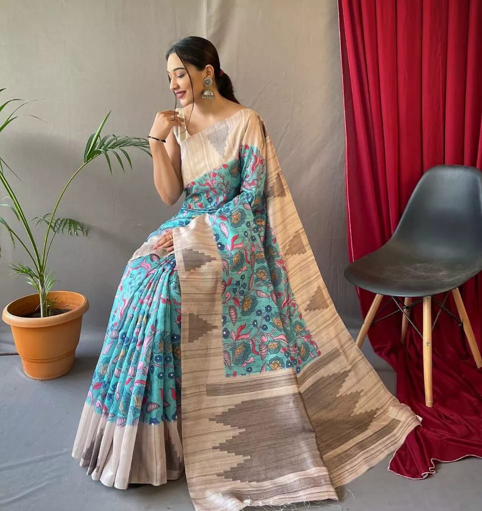 Sky Blue Tusser Sarees With Kalamkari Prints All Over With Woven Temple Border