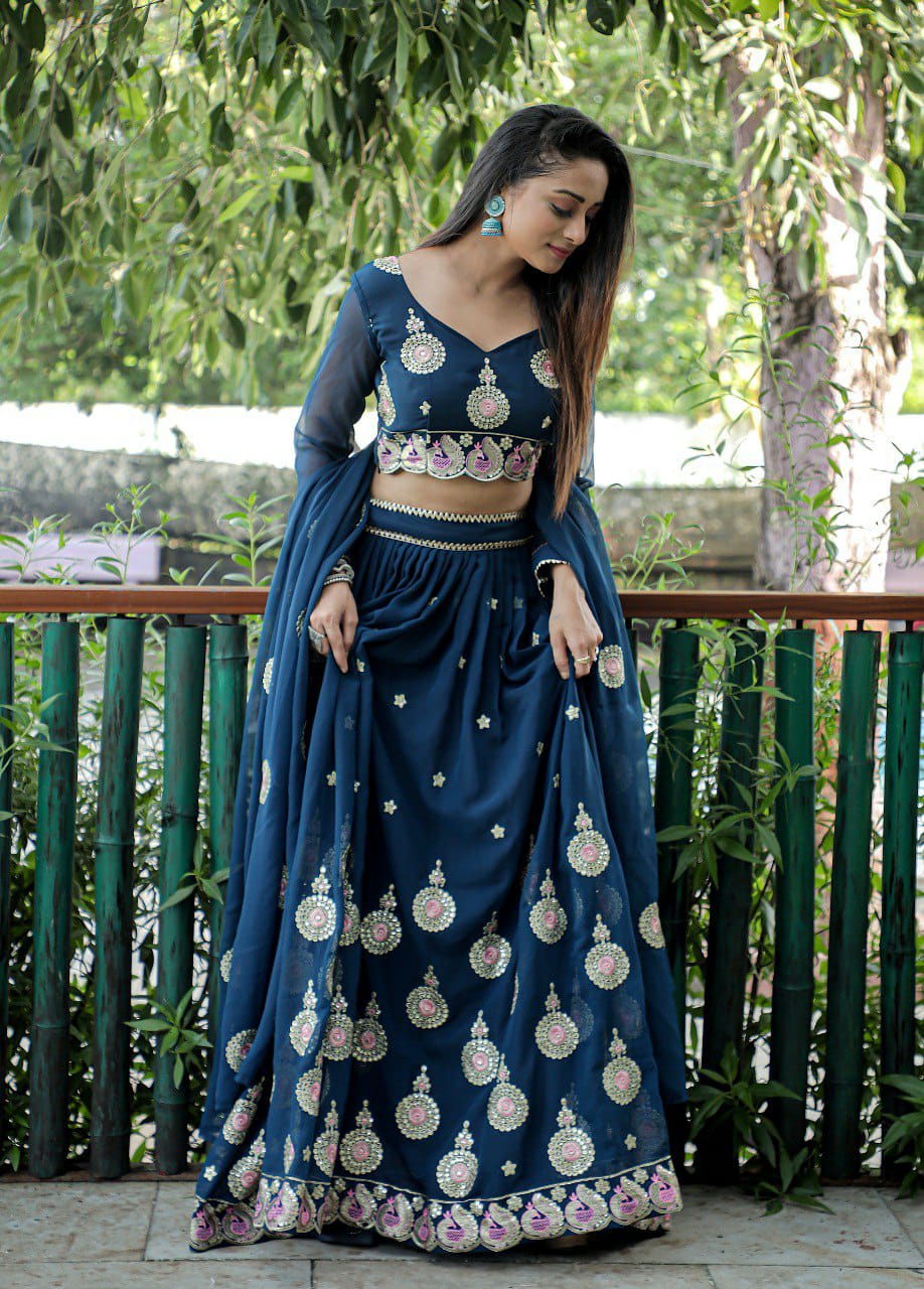 Royal Blue  Embroidered Faux Georgette Party Wear Lehenga Choli