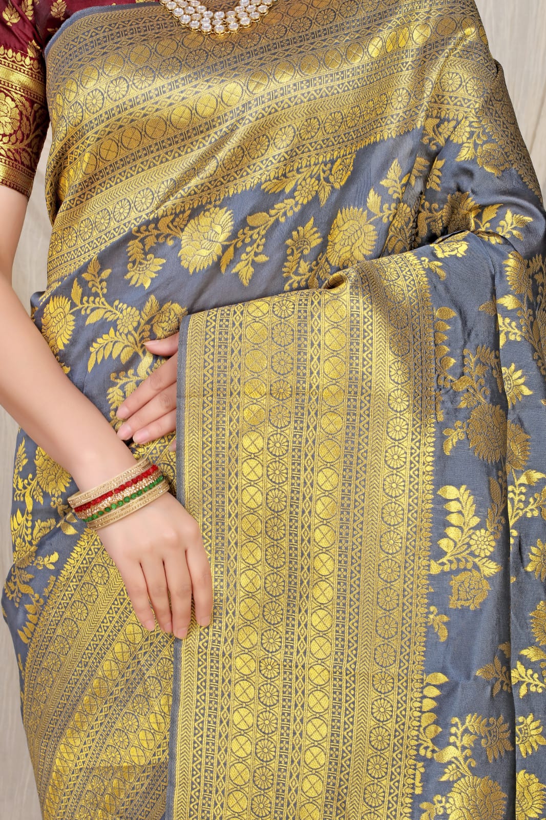 Grey Pure silk saree with gold Jari weaving work