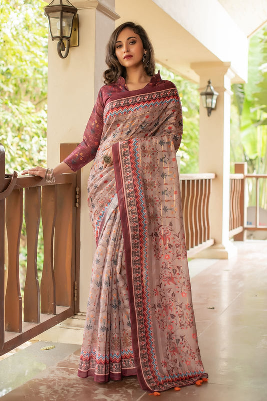 Peach Soft Linen Cotton Saree With Beautiful Digital Print And Zari Lining Pallu