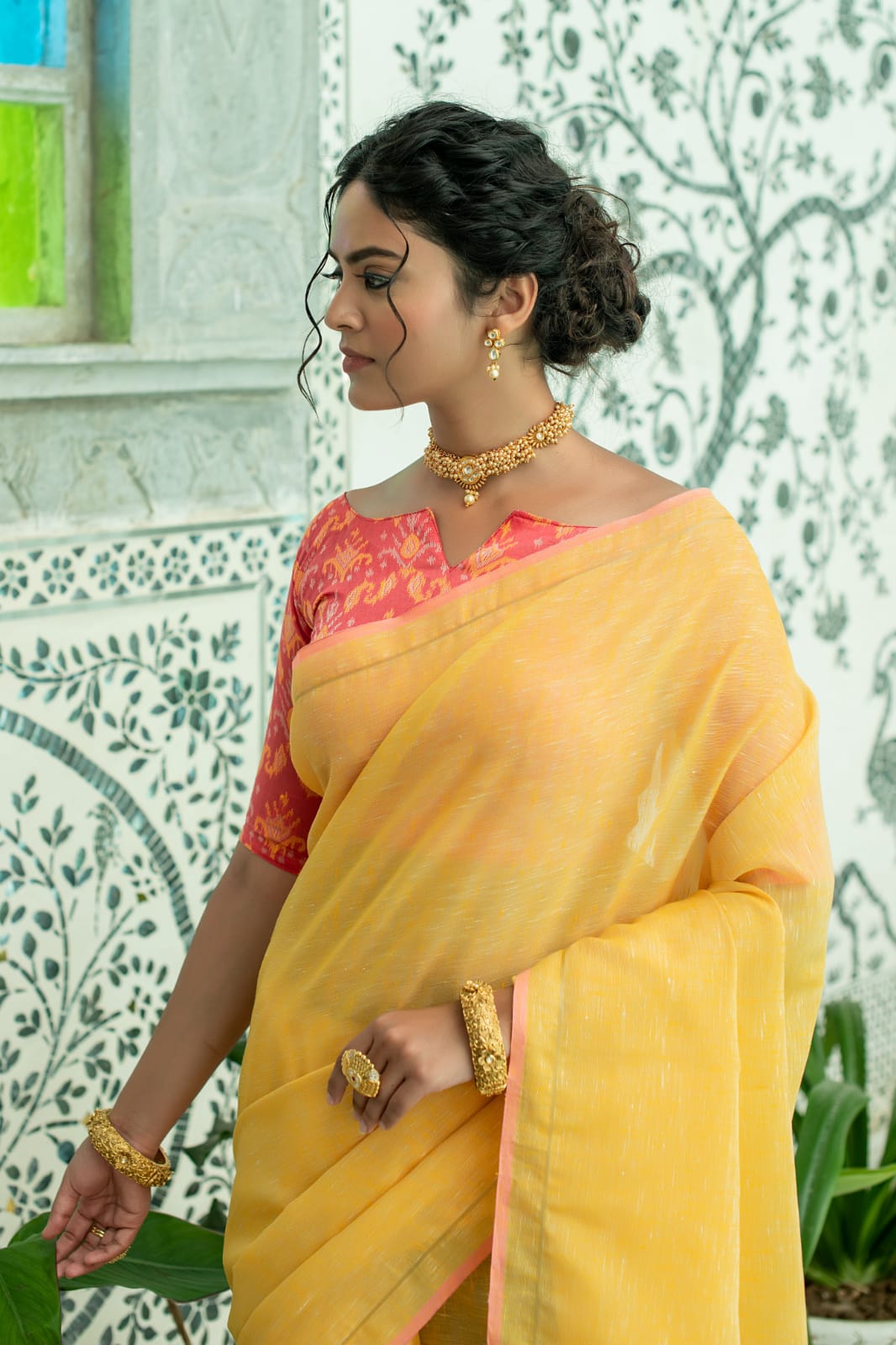 Yellow Pure Linen Saree Katha Weaving