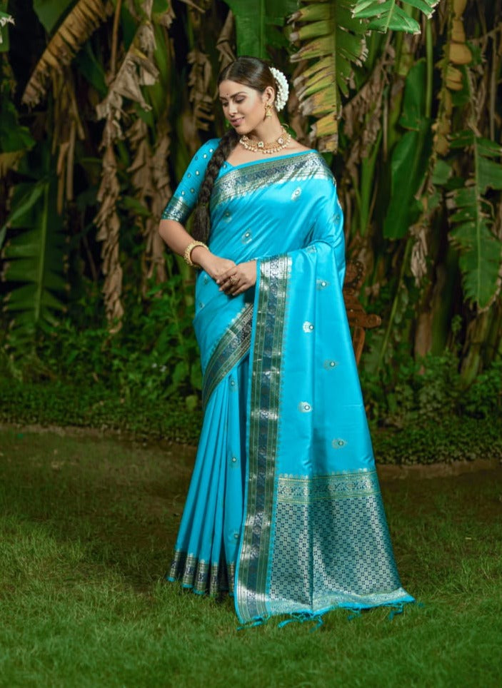 Sky Blue Banarasi Soft Silk Saree With Butti Weaves