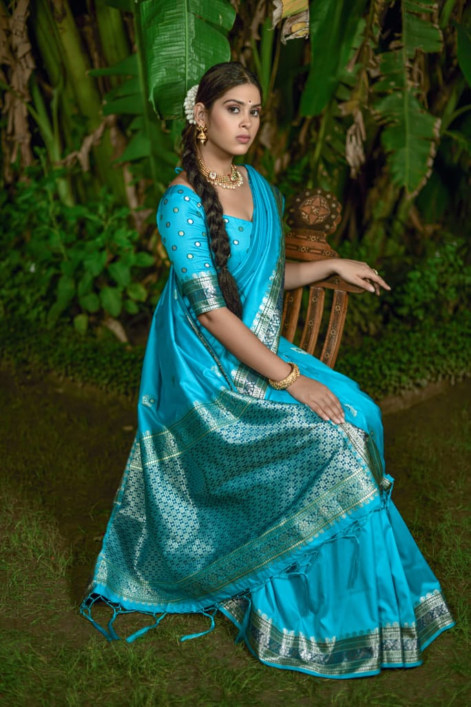 Sky Blue Banarasi Soft Silk Saree With Butti Weaves