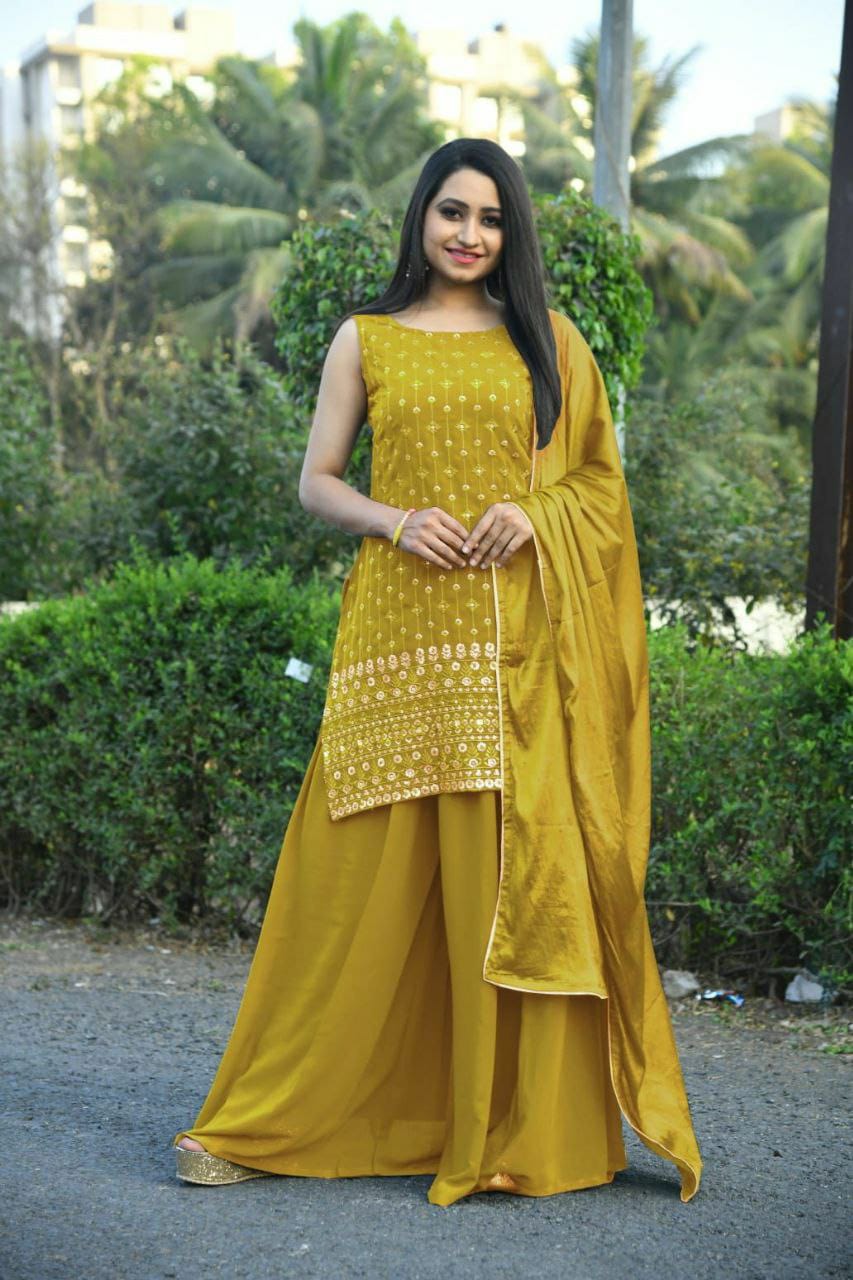 Beautiful Faux Georgette Yellow Top With Plazo and Dupatta