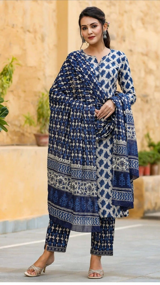 Cotton Suit Set In Indigo Printed Kurti Pant With Dupatta