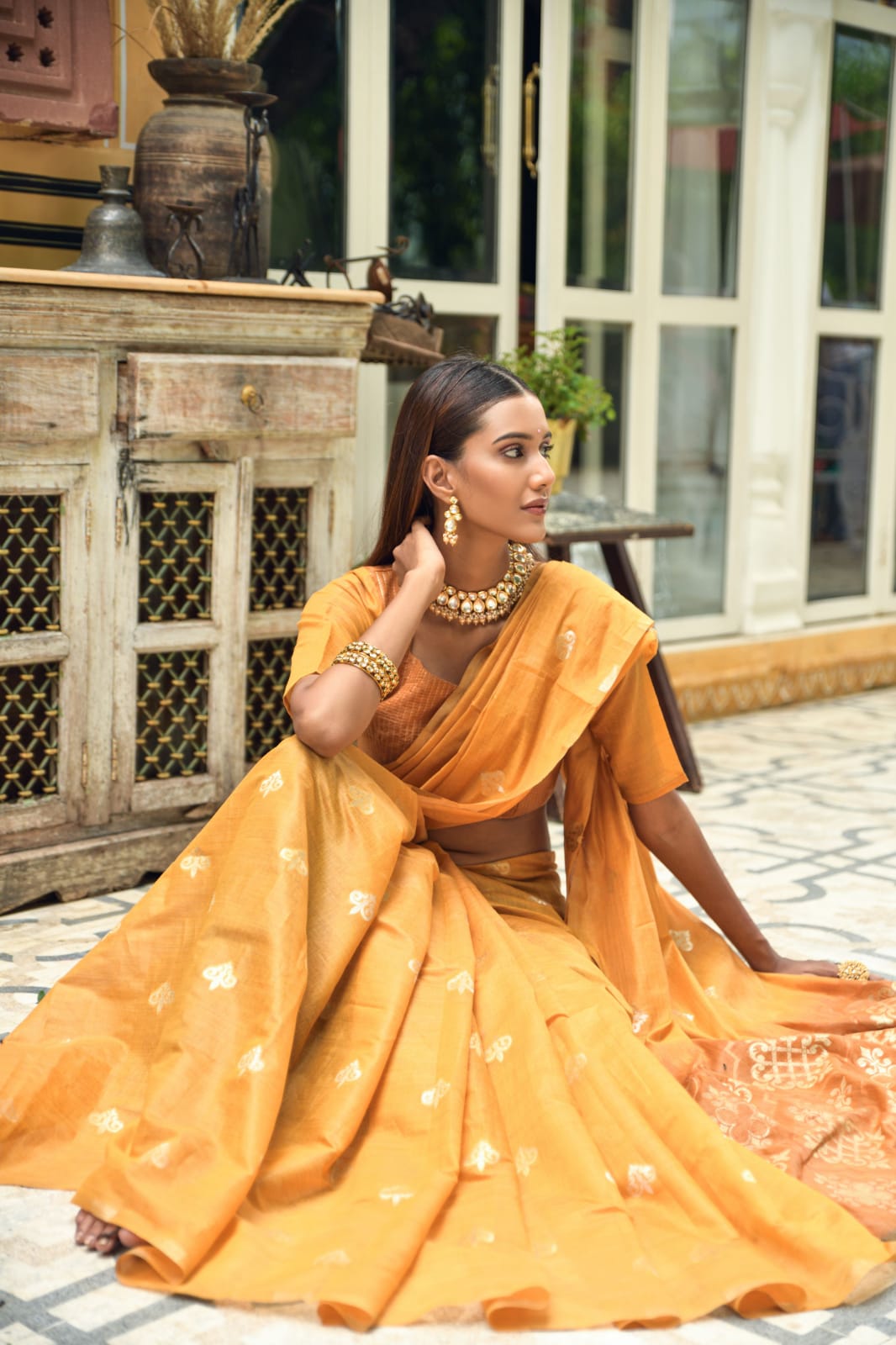 Yellow Chanderi Silk Saree With Silver And Copper Zari Weaves