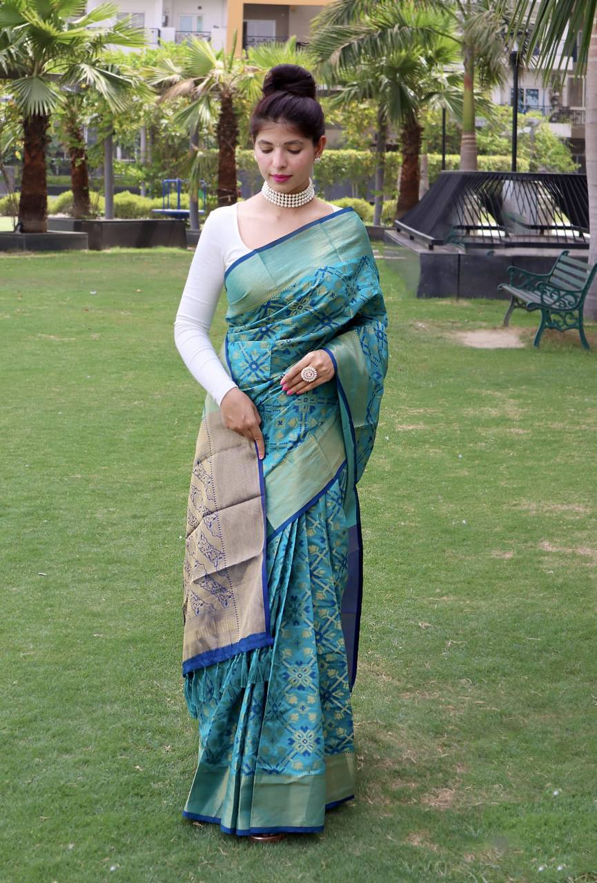 Sky Blue Bandhej Silk Saree With Weaving Gold Zari Border