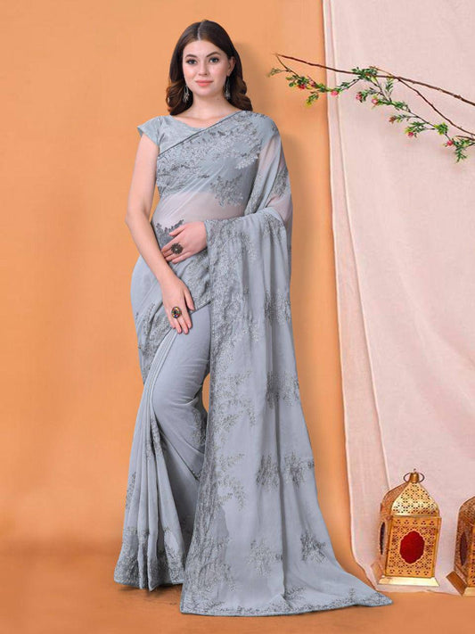 Grey Georgette Embroidered Work Saree With Piping Border