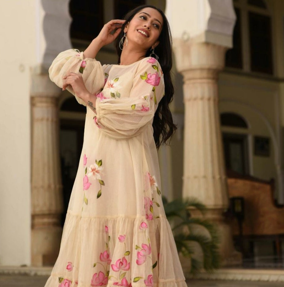 Premium Kota Doria Gown With Print