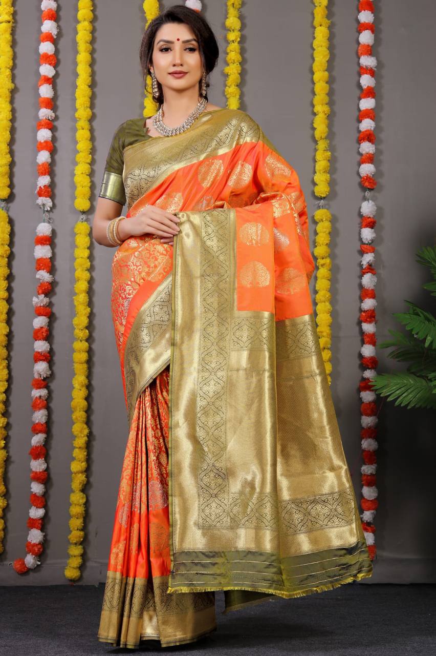 Orange Kanchipuram Pure Silk Handloom Saree With Pure Jari