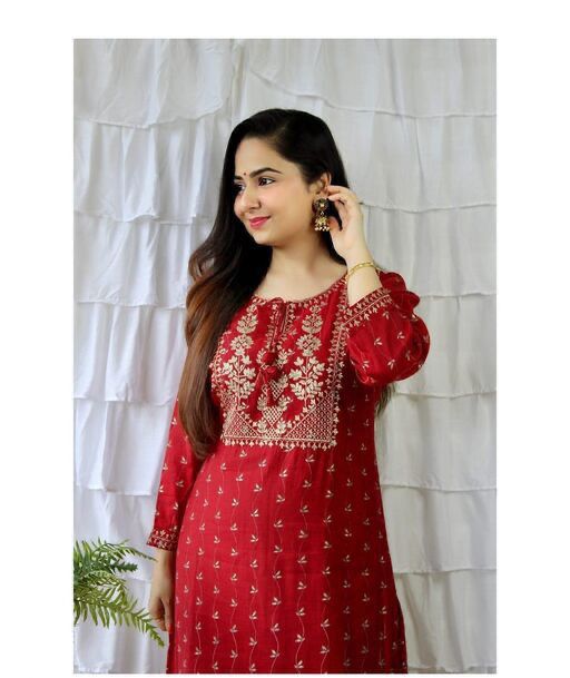 Heavy Red Reyon Kurti Pent With Gold Print And Embriodry Work