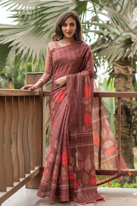 Wine Soft Linen Cotton Saree With Beautiful Digital Print And Zari Lining Pallu