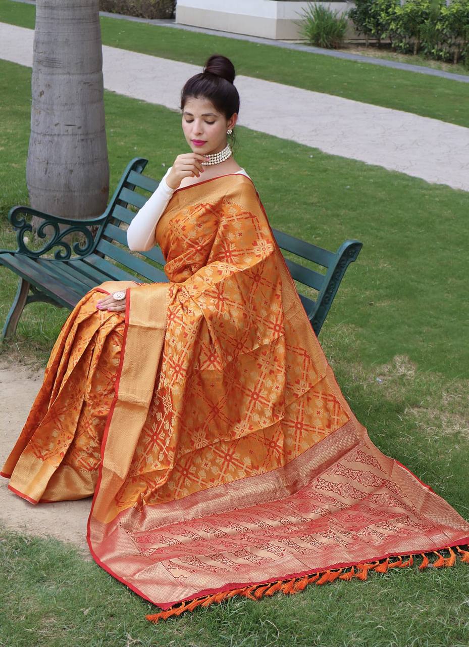 Yellow Bandhej Silk Saree With Weaving Gold Zari Border