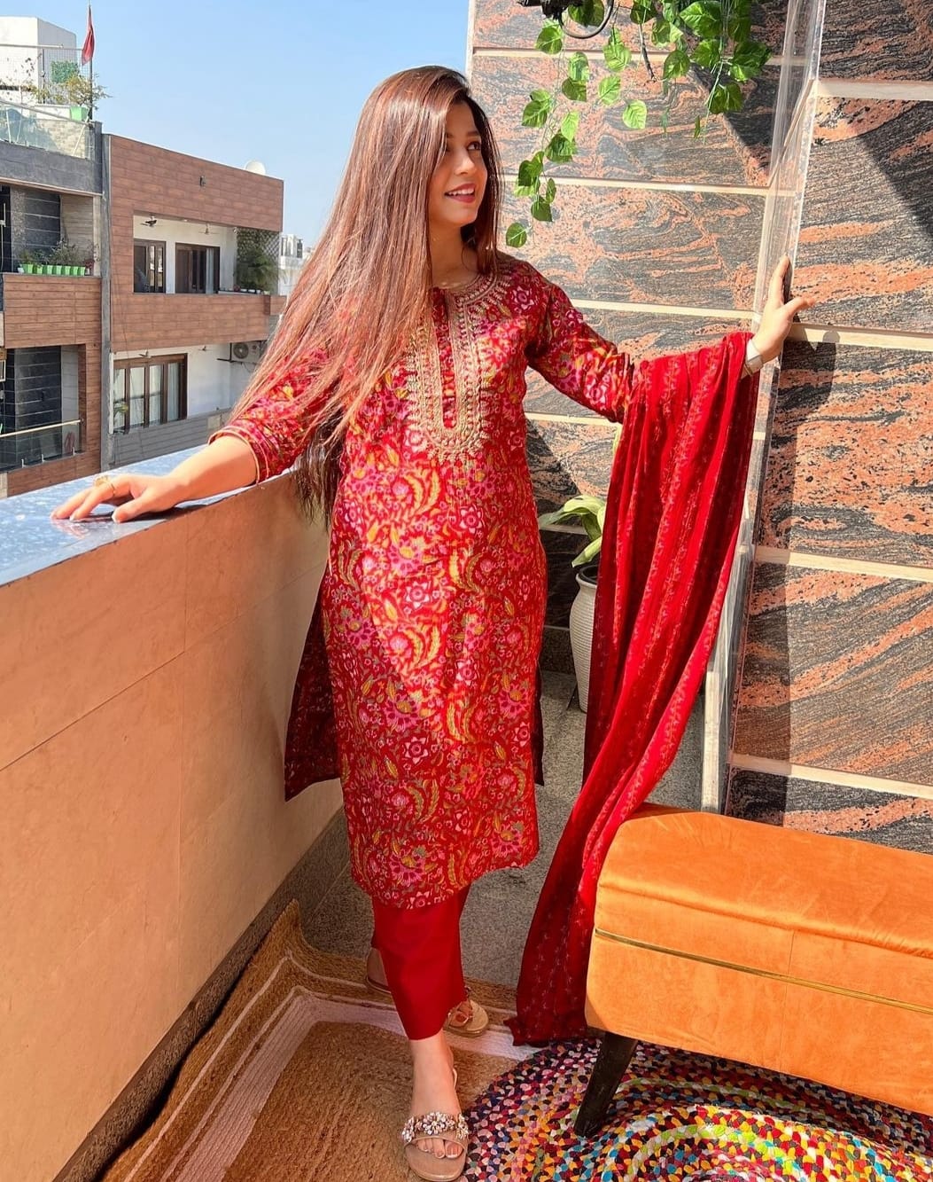 Red Beautiful Jaipur Printed Kurti Dupatta Set