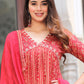 Red Beautiful Foil Capsul Printed Aliacut Embroidery Kurti Set