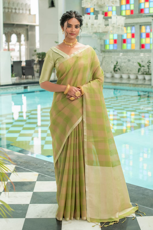 Green Pure Linen Saree Katha Weaving