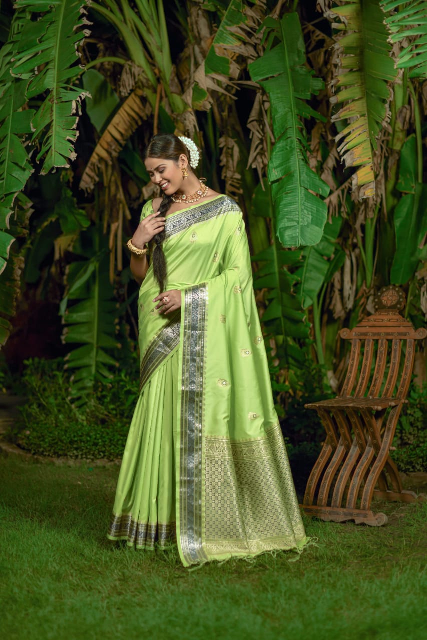 Green Banarasi Soft Silk Saree With Butti Weaves