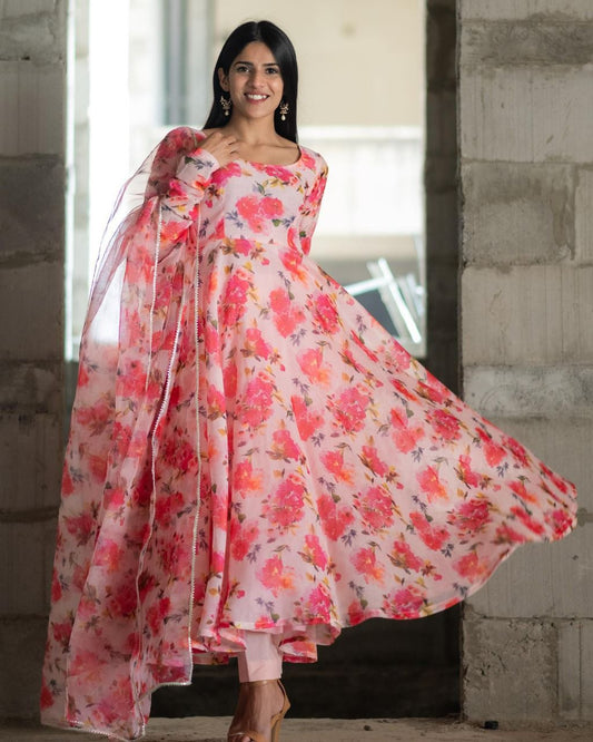 Beautiful pink  Floral  pair in anarkali With Pent And Dupatta