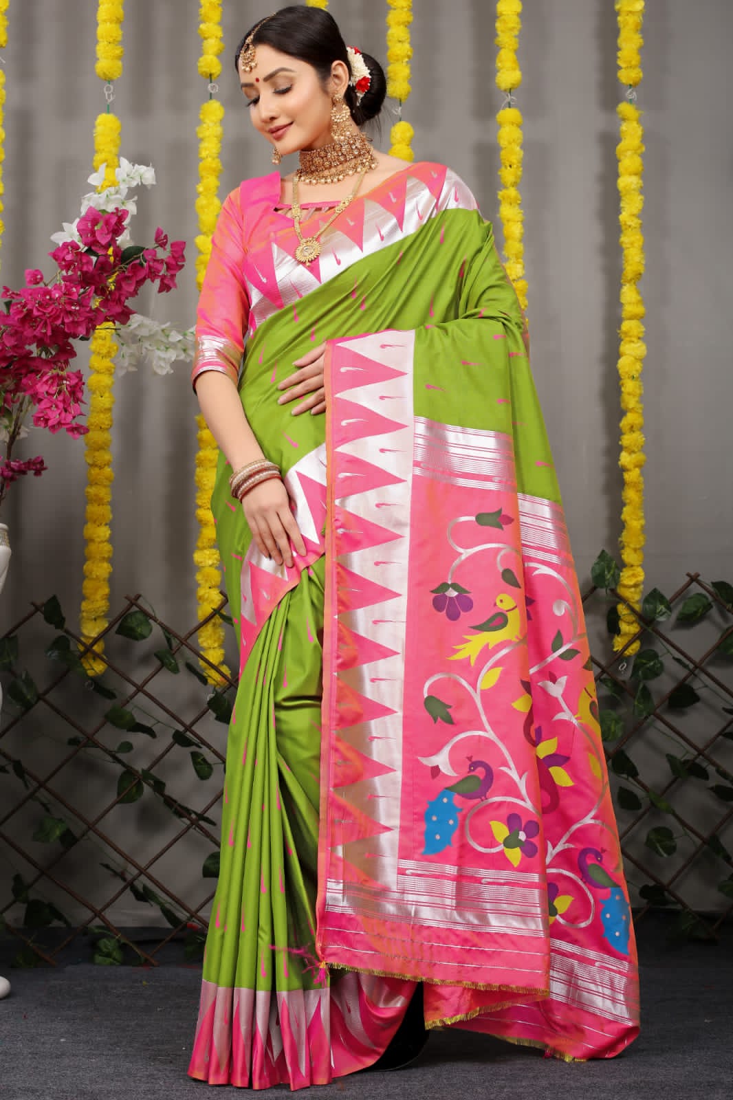 Soft Light Green Silk Paithani Saree With Rich Pallu And Meenakari work