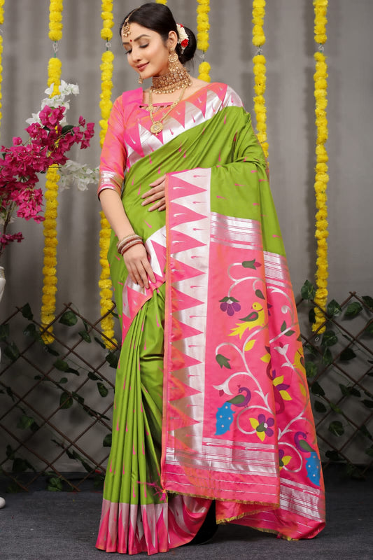 Soft Light Green Silk Paithani Saree With Rich Pallu And Meenakari work